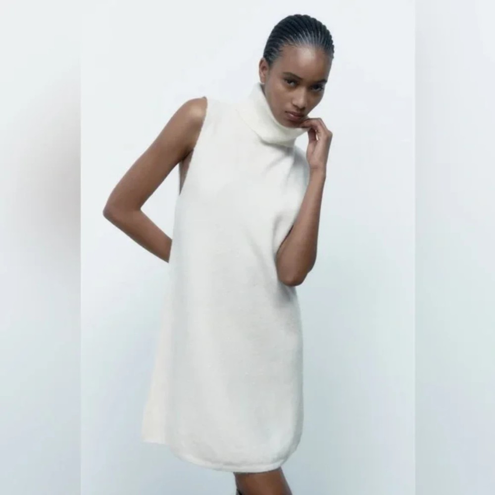 Zara Knit Turtleneck Mini Sweater Dress Cream White Size Small - Picture 2 of 7
